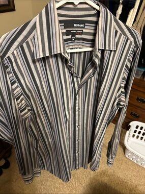 Murano Men's Vertical Stripe Dress Shirt in Gray, Black and White